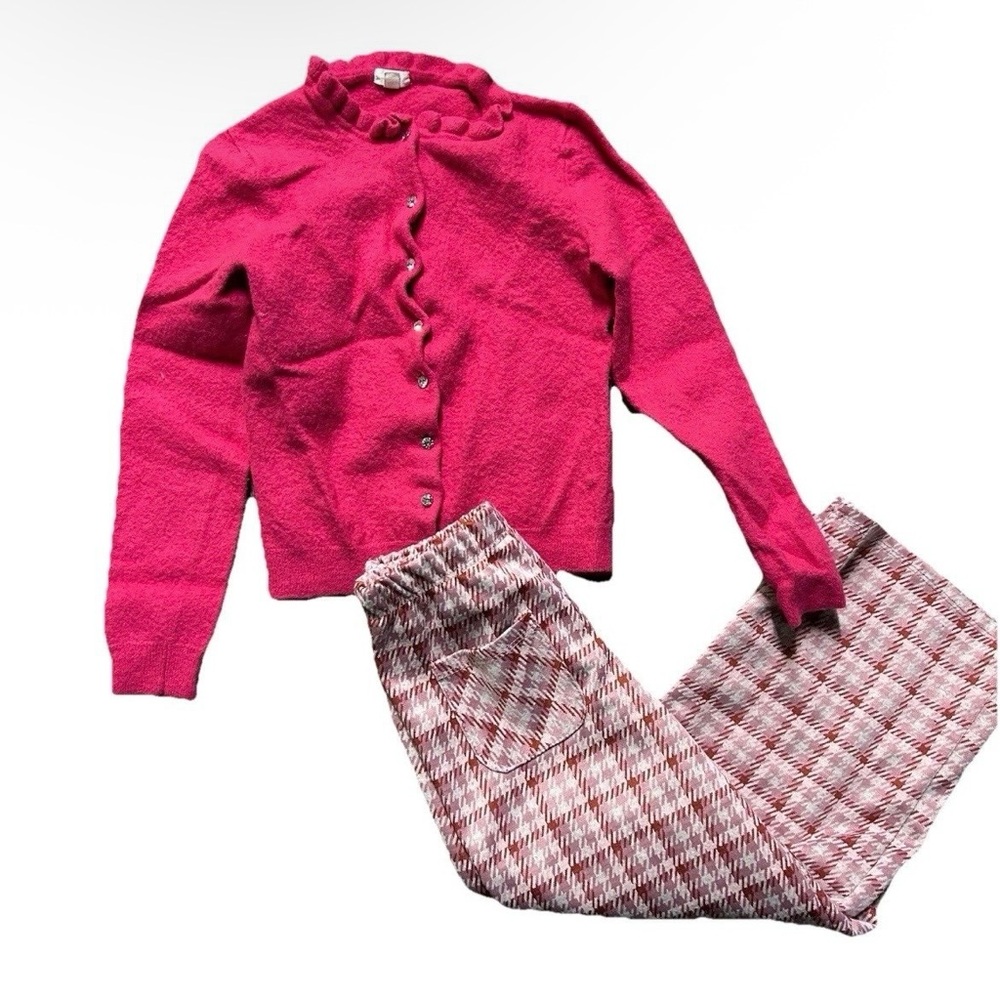 Girls J. Crew Pink Wool Blend Cardigan Btween Plaid Pants Size 5/6
